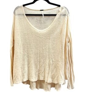 Free People Linen Blend V-Neck Pointelle Knit High-Low Sweater Cream Small